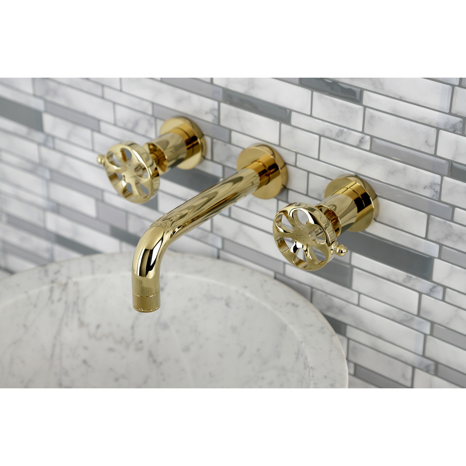 Kingston Sona KS8122RX - Belknap Double-Handle 3-Hole Wall Mount Bathroom Faucet, Polished Brass — thumbnail 2